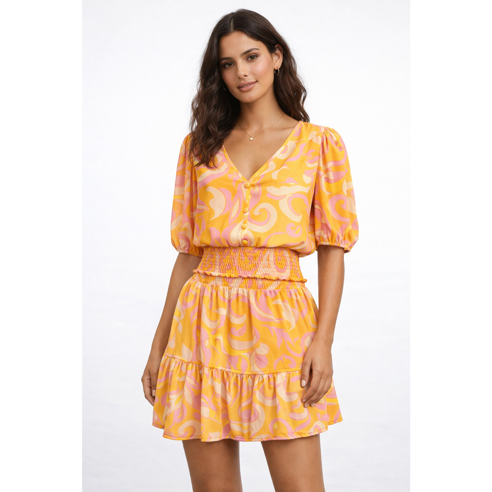 Rose +Olive 2PC Skirt Set Small Yellow Pink Retro Puff Sleeve Boho Summer